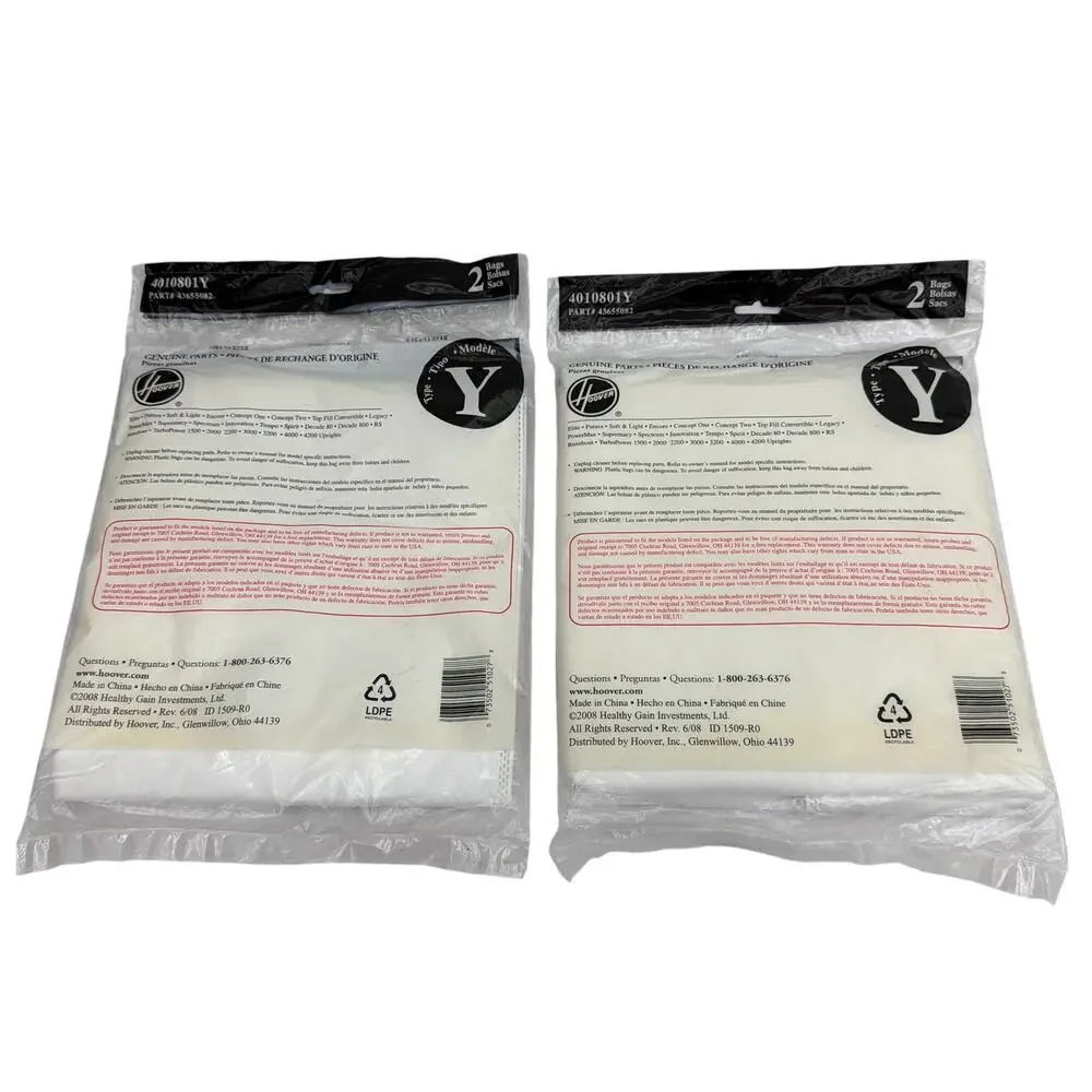 Hoover Type Y HEPA Vacuum Bags 4010801Y / 43655082 Lot of 3